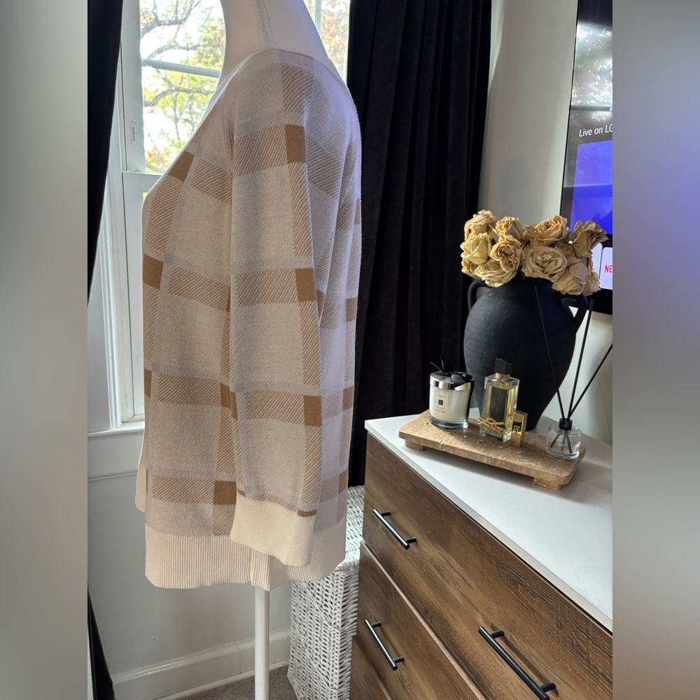 LOFT Plaid Crew Neck Sweater - Cream and Brown - Picture 2 of 6